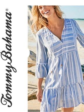 NWOT Tommy Bahama Blue and White Striped Midi Dress with Tassels. SZ Medium